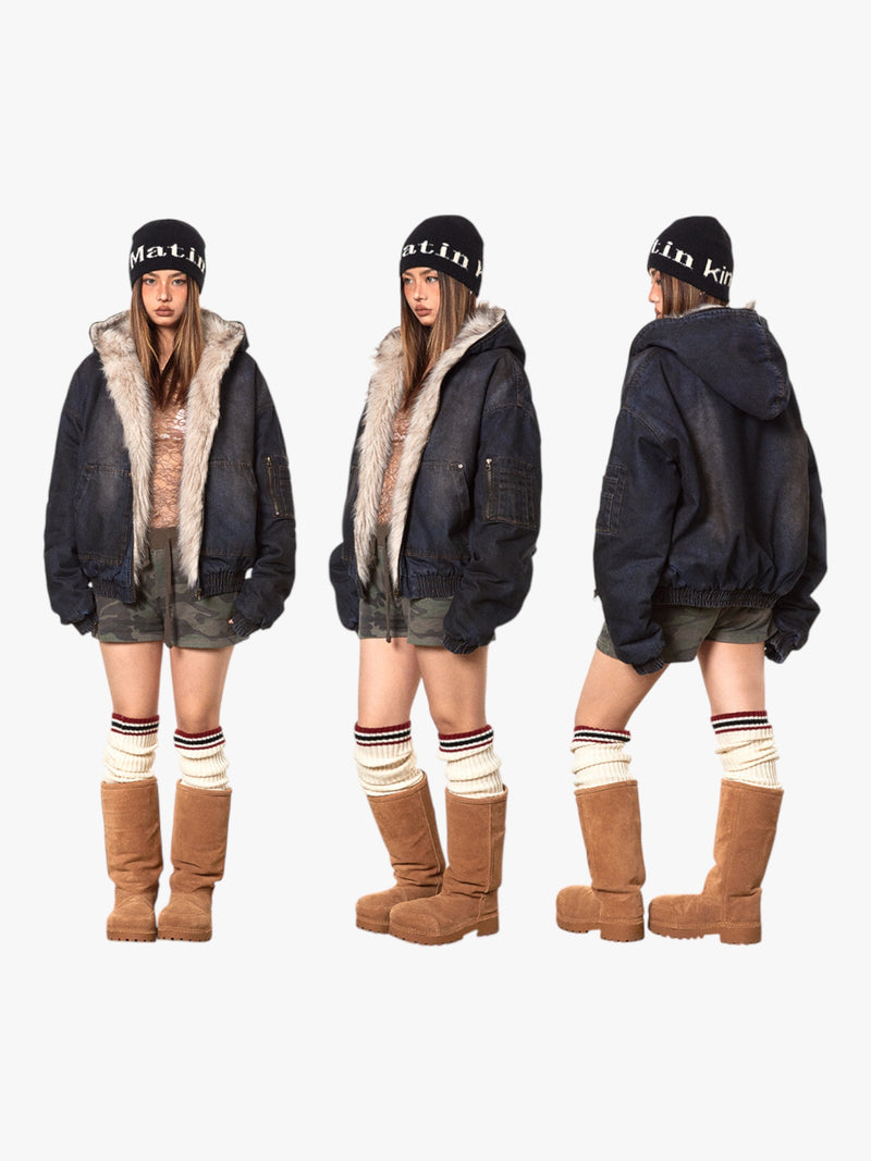 Dirty Denim Hooded Fur Collar Jacket