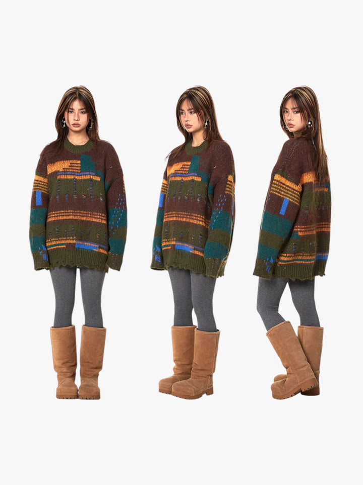 GKIKZ RETRO DISTRESSED CONTRAST OVERSIZED SWEATER