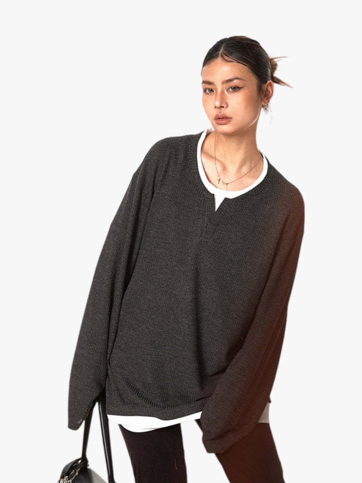 GKIKZ TEXTURE FAKE TWO-PIECE OVERSIZED KNIT TEES
