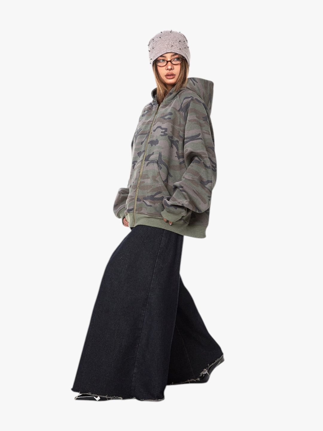 GKIKZ RETRO CAMOUFLAGE LOOSE ZIPPER CARDIGAN