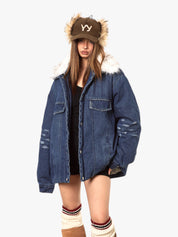 GKIKZ DETACHABLE FUR HEAVY DENIM JACKET