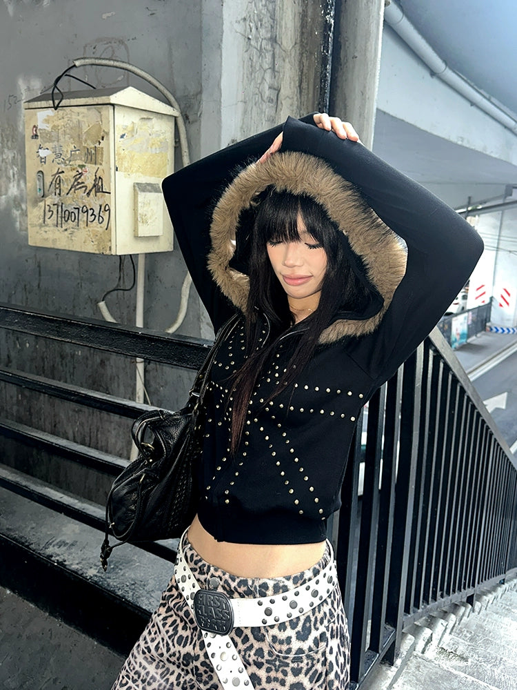 [25AW NEW ARRIVAL] GKIKZ 🇬🇧 STUDDED FUR HOODED ZIP-UP