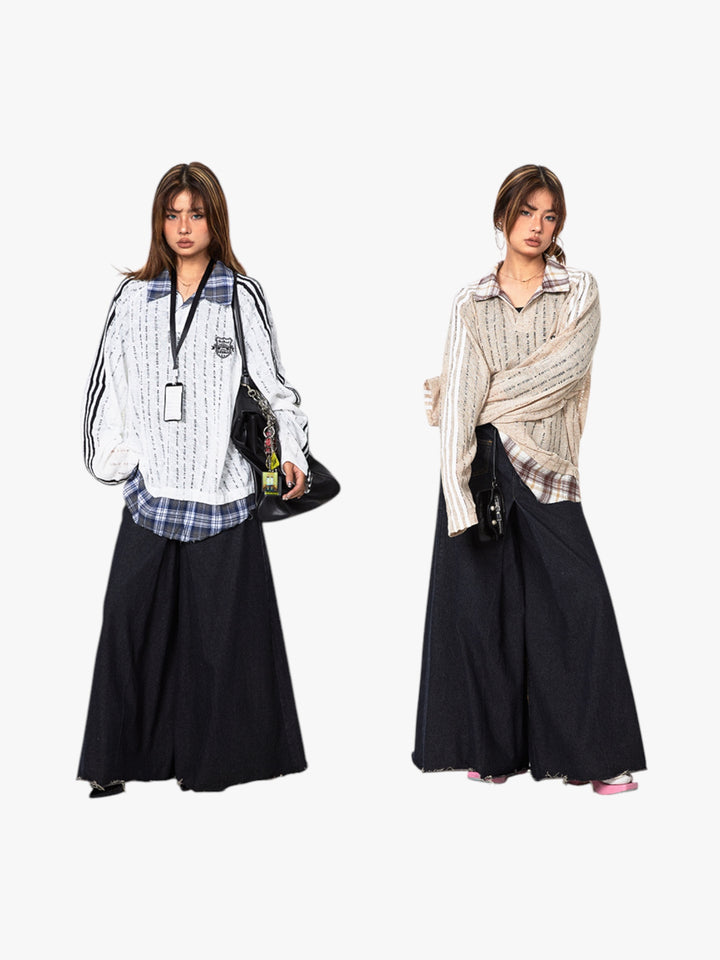 GKIKZ VINTAGE STRIPE STITCHING CONTRAST SLIGHTLY TRANSPARENT MULTI-LAYERED TEES