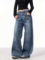 GKIKZ ASYMMETRICAL BUTTON-UP WIDE-LEG JEANS