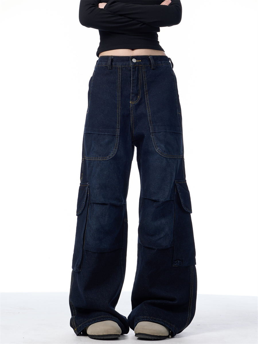 GKIKZ SYMMETRIC PLEATED WORKWEAR MULTI-POCKET BAGGY PANTS