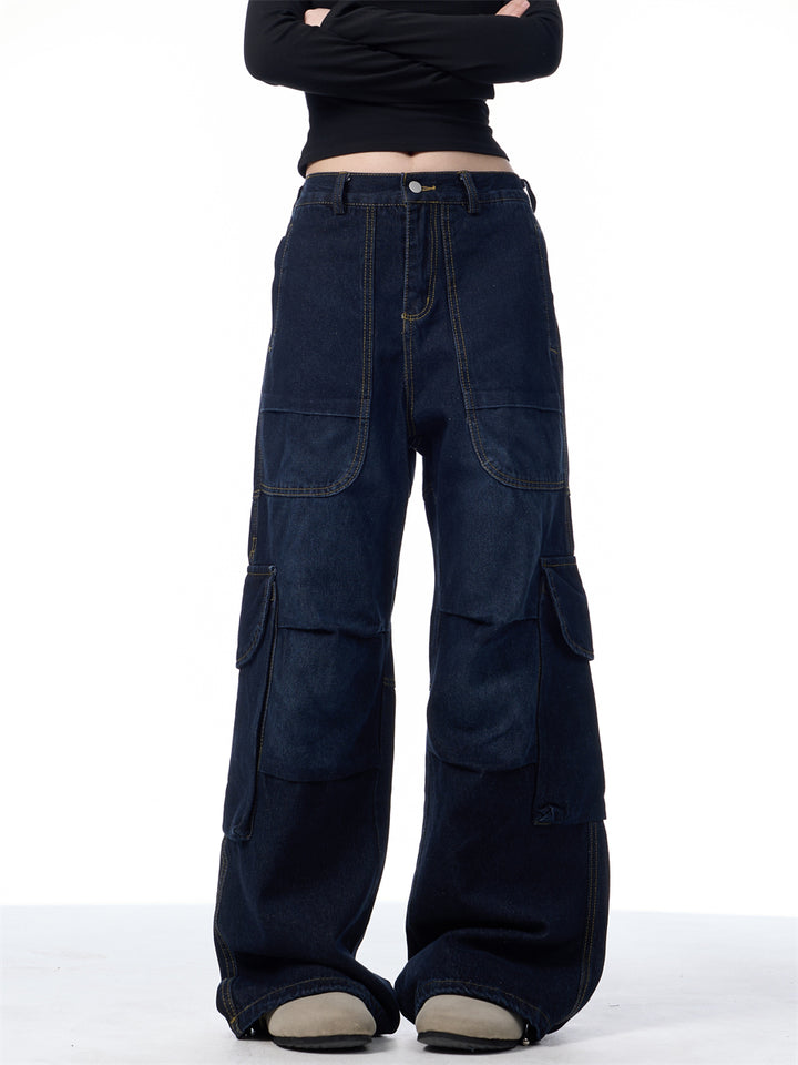GKIKZ SYMMETRIC PLEATED WORKWEAR MULTI-POCKET BAGGY PANTS