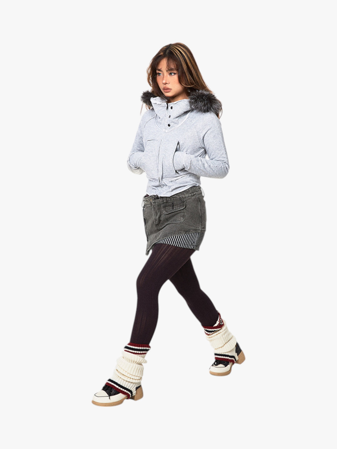 GKIKZ SLIGHT TIGHT FUR COLLAR HOODED CARDIGAN