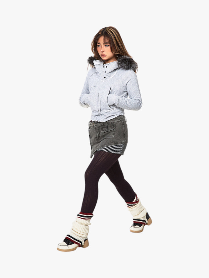 GKIKZ SLIGHT TIGHT FUR COLLAR HOODED CARDIGAN