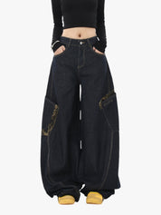 GKIKZ BIG POCKET LEOPARD PATCHWORK SCIMITAR BAGGY JEANS