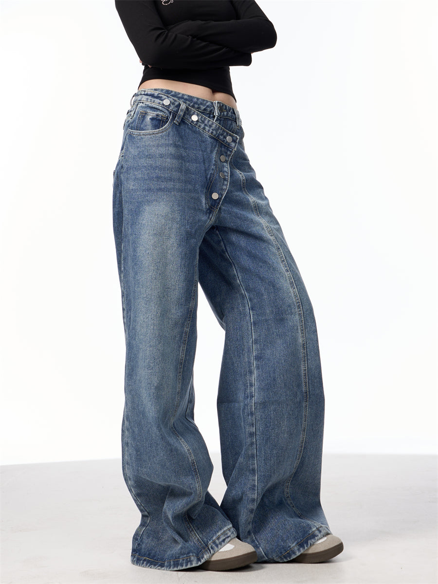 GKIKZ ASYMMETRICAL BUTTON-UP WIDE-LEG JEANS