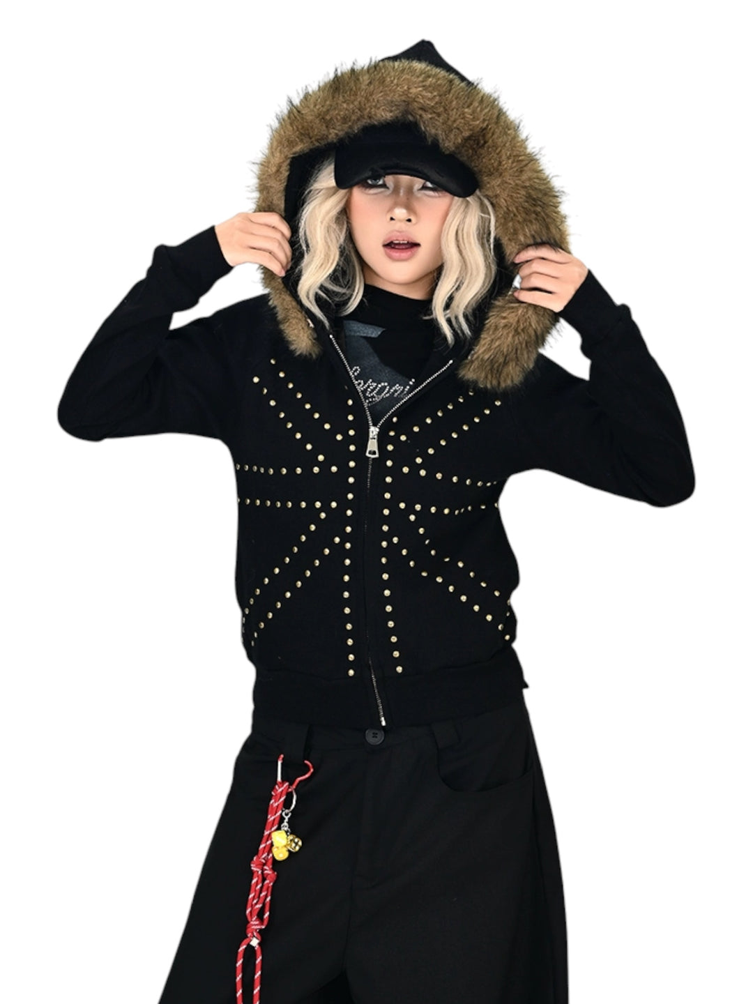 GKIKZ 🇬🇧 STUDDED FUR HOODED ZIP-UP
