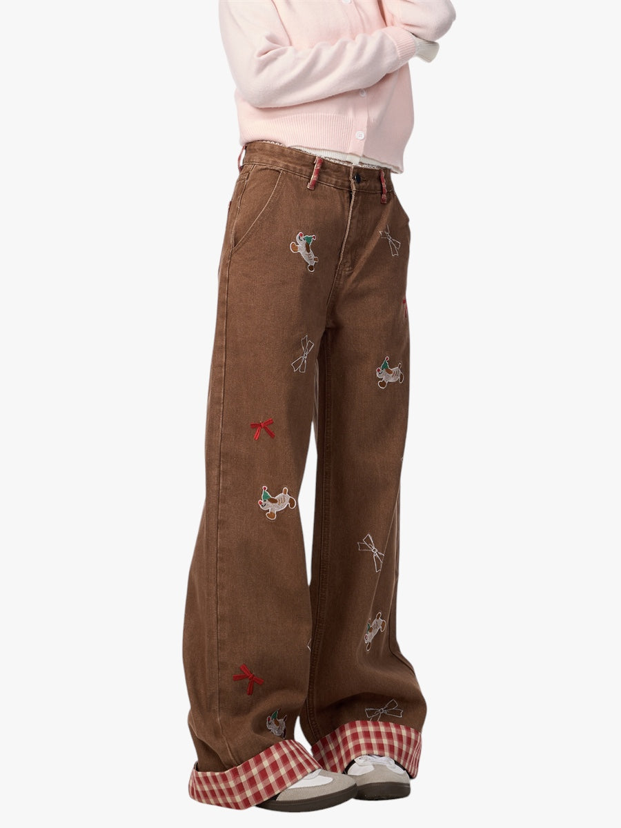 GKIKZ PLAYFUL DACHSHUND BOW WIDE-LEG HIGH WAIST JEANS