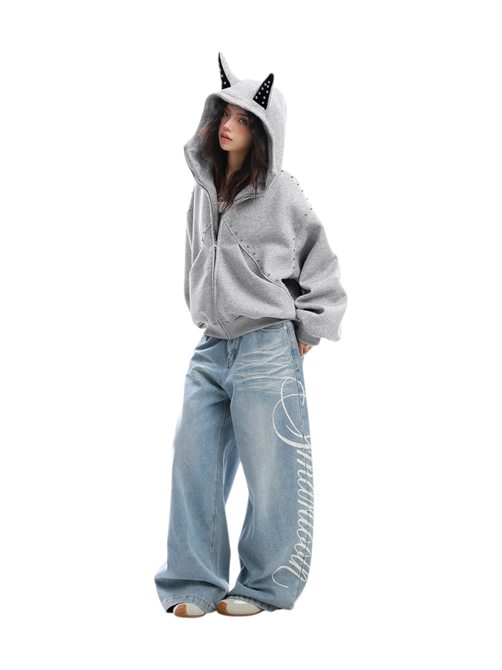 Studded Devil Horn Hoodie - Premium Cotton Zip-Up