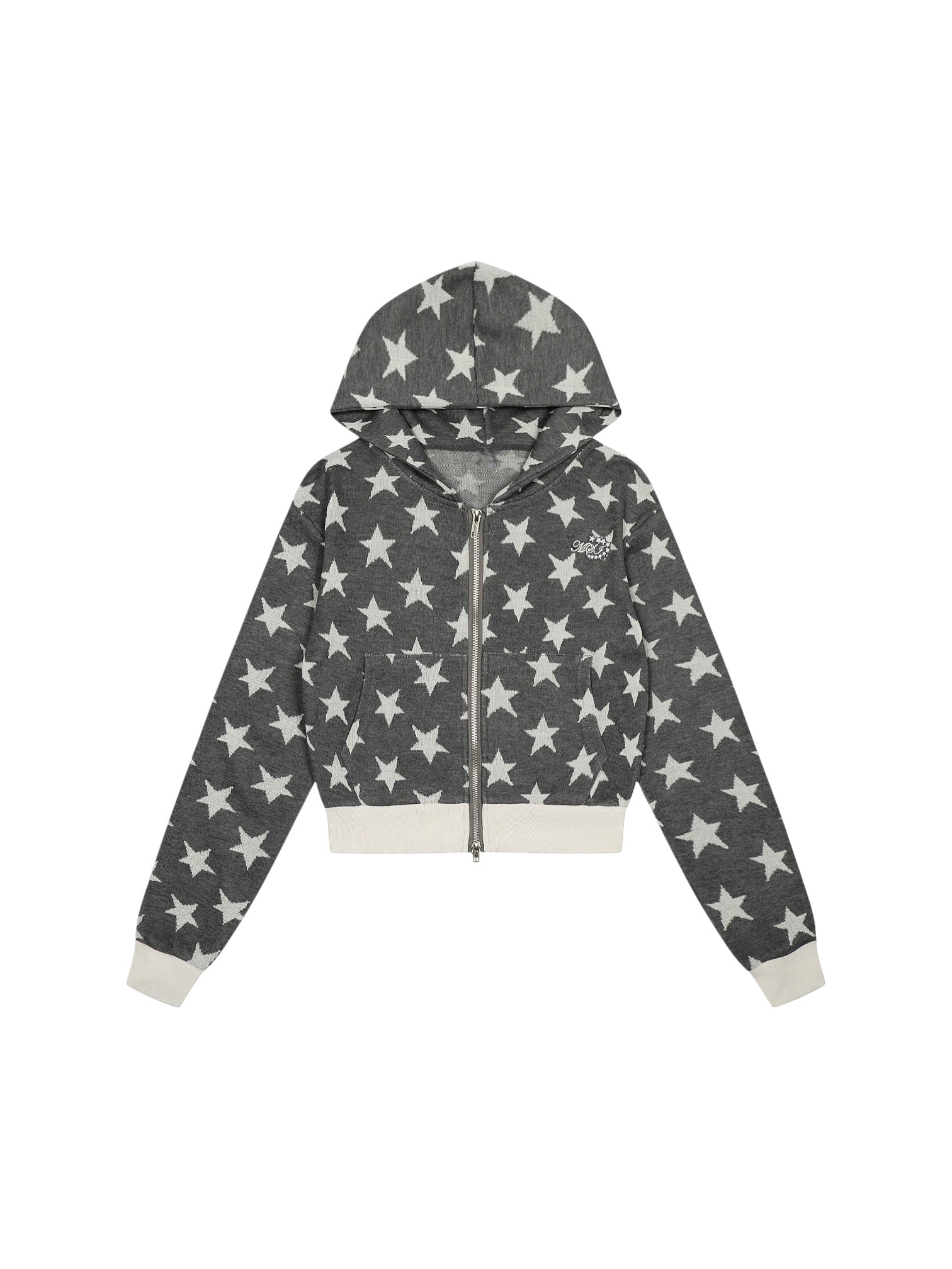 Star Print Cropped Hoodie Zip-Up
