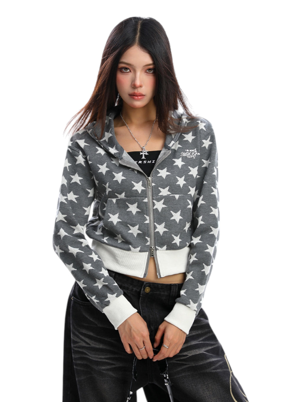 Star Print Cropped Hoodie Zip-Up