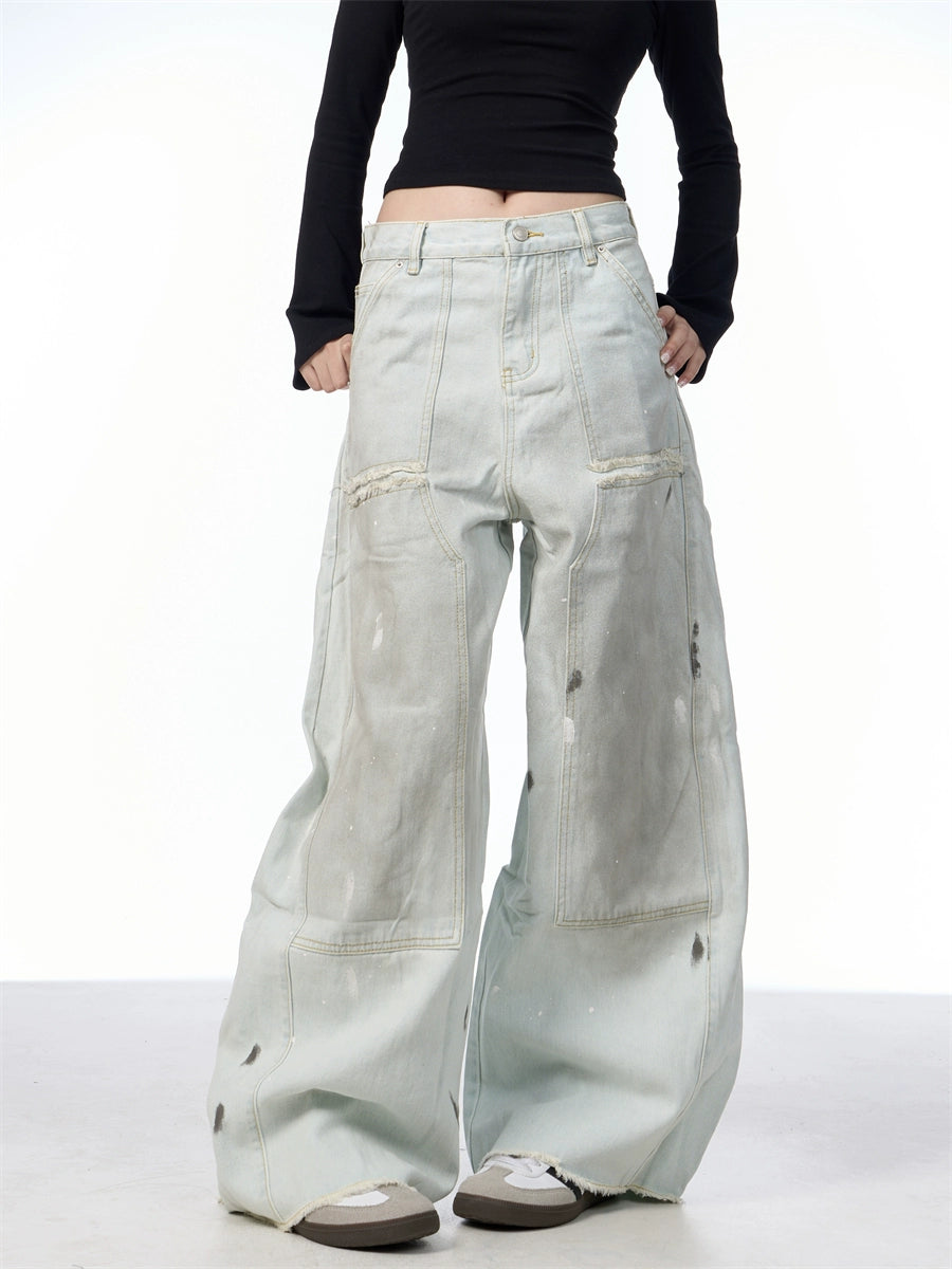Retro Washed Distressed Machete Loose Jeans