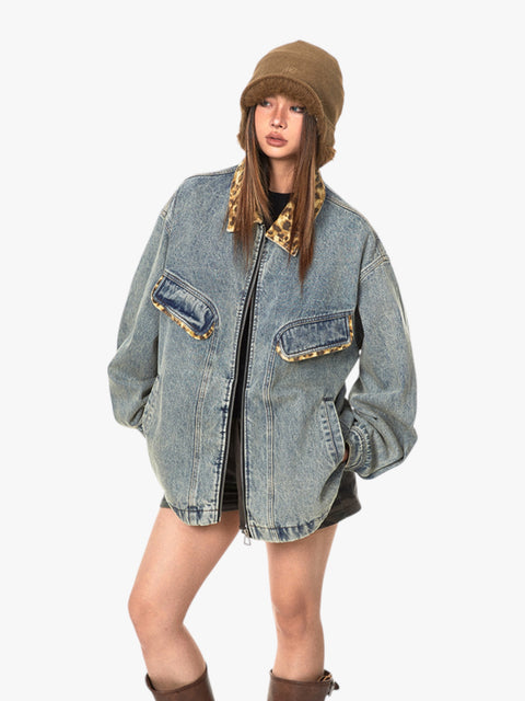 GKIKZ LEOPARD COLLAR RETRO STREET WASHED DENIM JACKET