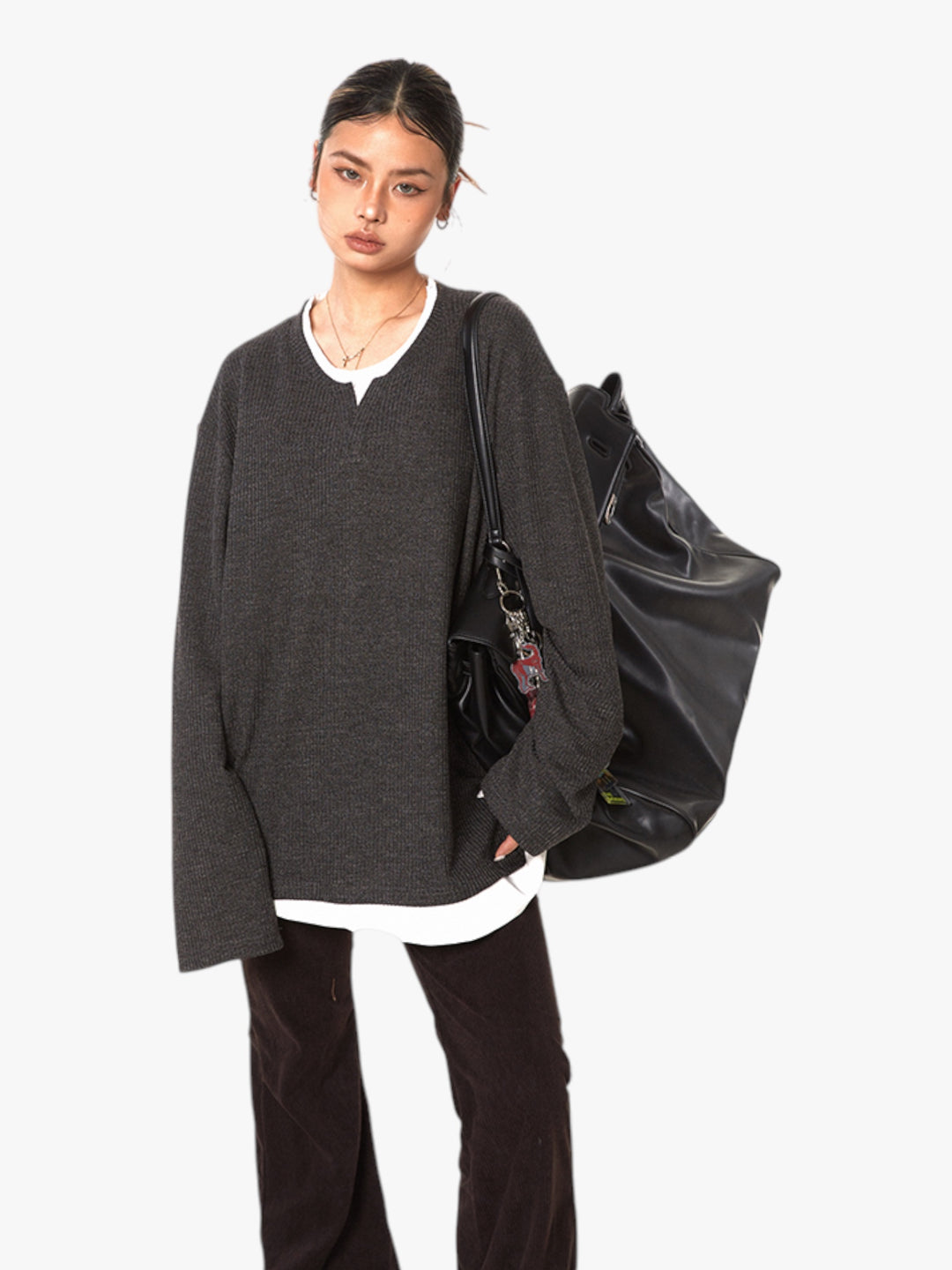 GKIKZ TEXTURE FAKE TWO-PIECE OVERSIZED KNIT TEES