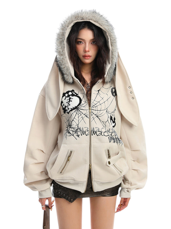 GKIKZ BIG-EARS BUNNY FUR ZIP-UP HOODIE