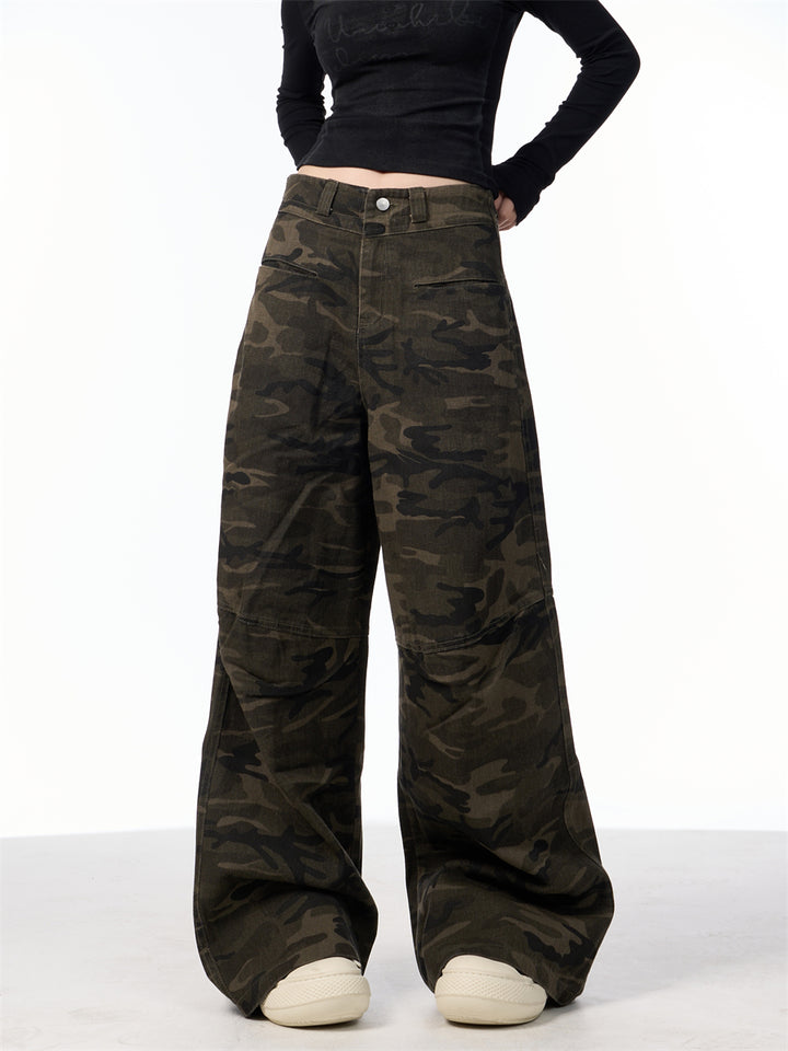 GKIKZ SLICE-POCKET CAMOUFLAGE WIDE-LEG HIGH WAIST PANTS