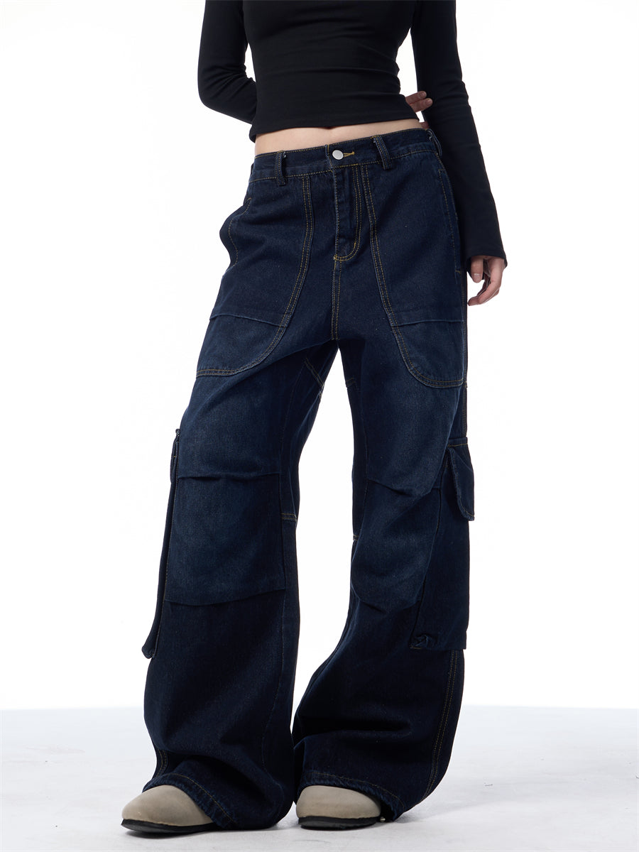 GKIKZ SYMMETRIC PLEATED WORKWEAR MULTI-POCKET BAGGY PANTS
