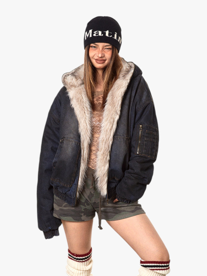 GKIKZ DIRTY DENIM HOODED FUR COLLAR JACKET