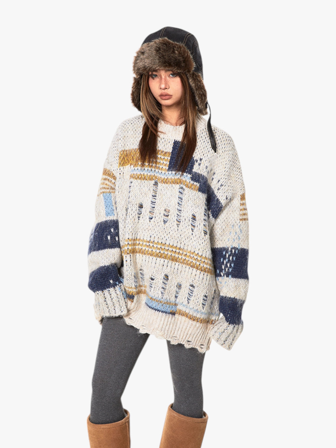 GKIKZ RETRO DISTRESSED CONTRAST OVERSIZED SWEATER