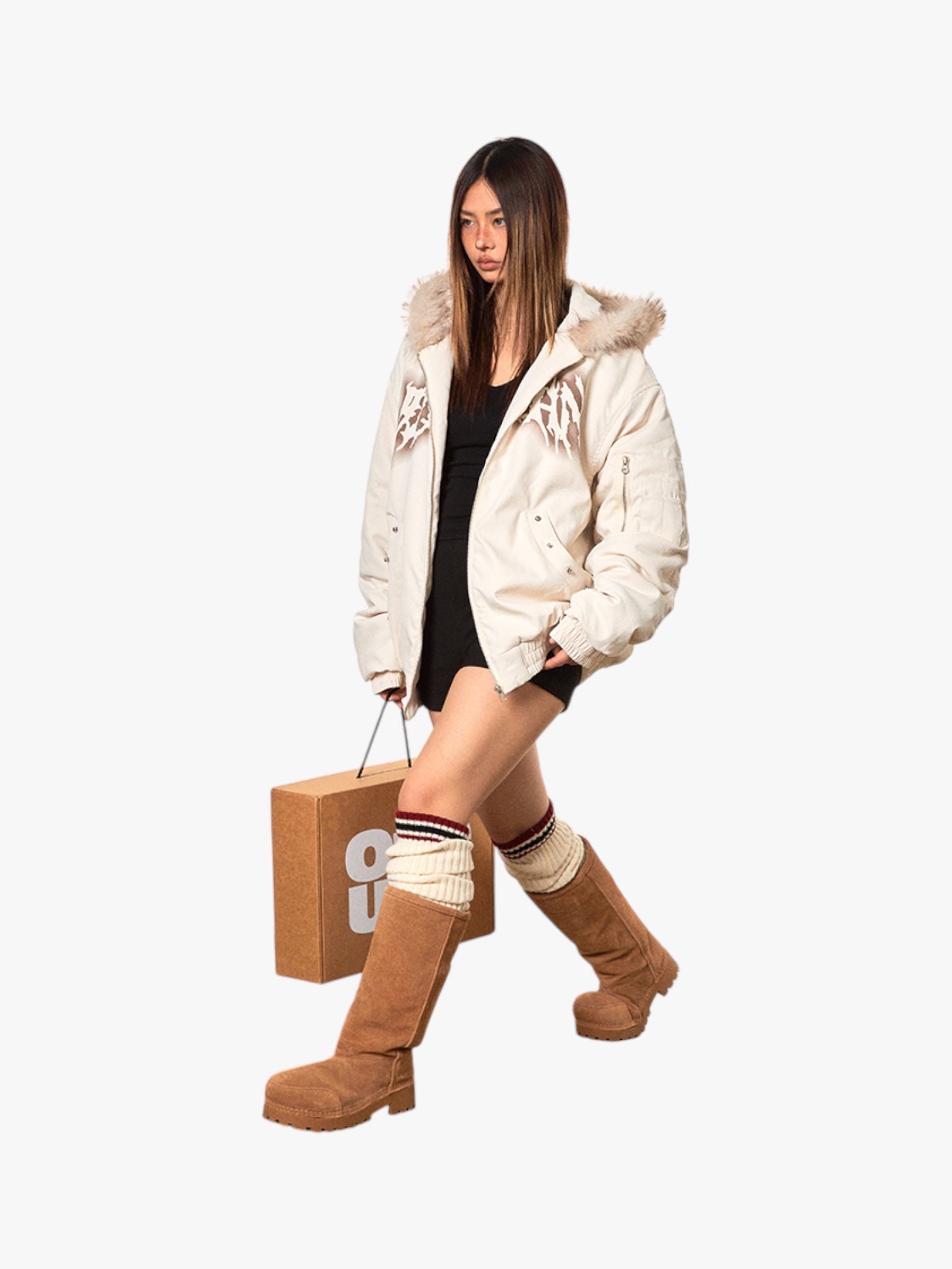 Mountain Carving Cotton-Padded Thickened Faux Fur Jacket