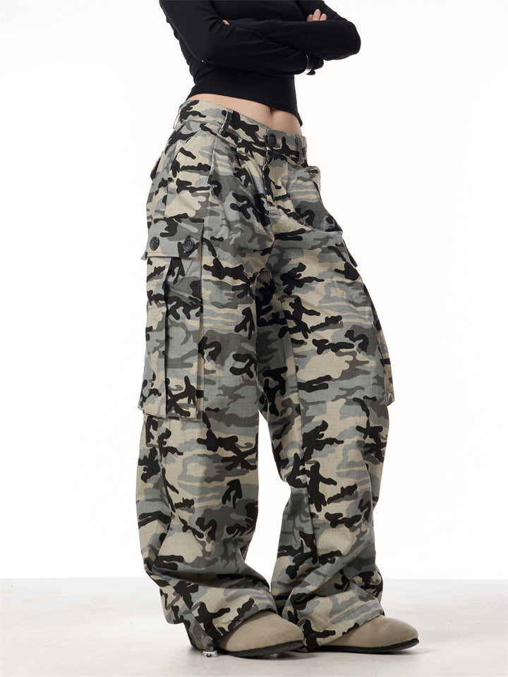 GKIKZ CAMOUFLAGE BIG POCKET LOOSE WIDE-LEG PANTS