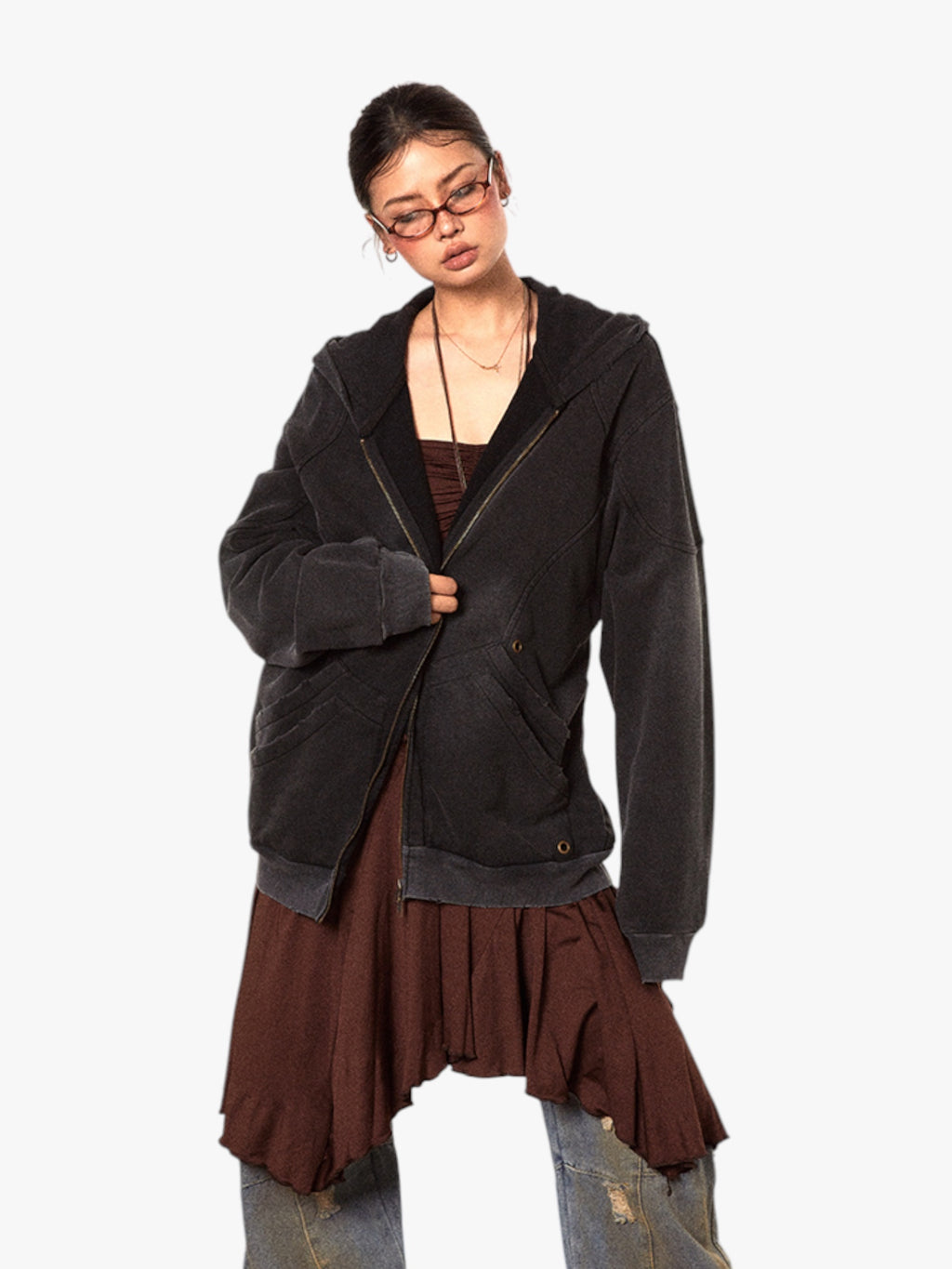 GKIKZ RETRO WASHED DISTRESSED BLOCK COLOR HOODED ZIPPER