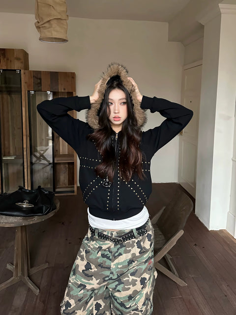 [25AW NEW ARRIVAL] GKIKZ 🇬🇧 STUDDED FUR HOODED ZIP-UP