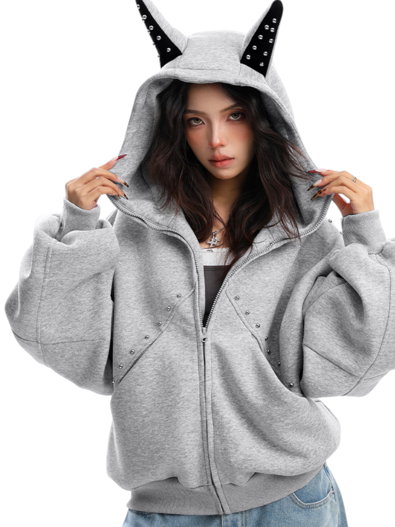 Studded Devil Horn Hoodie - Premium Cotton Zip-Up