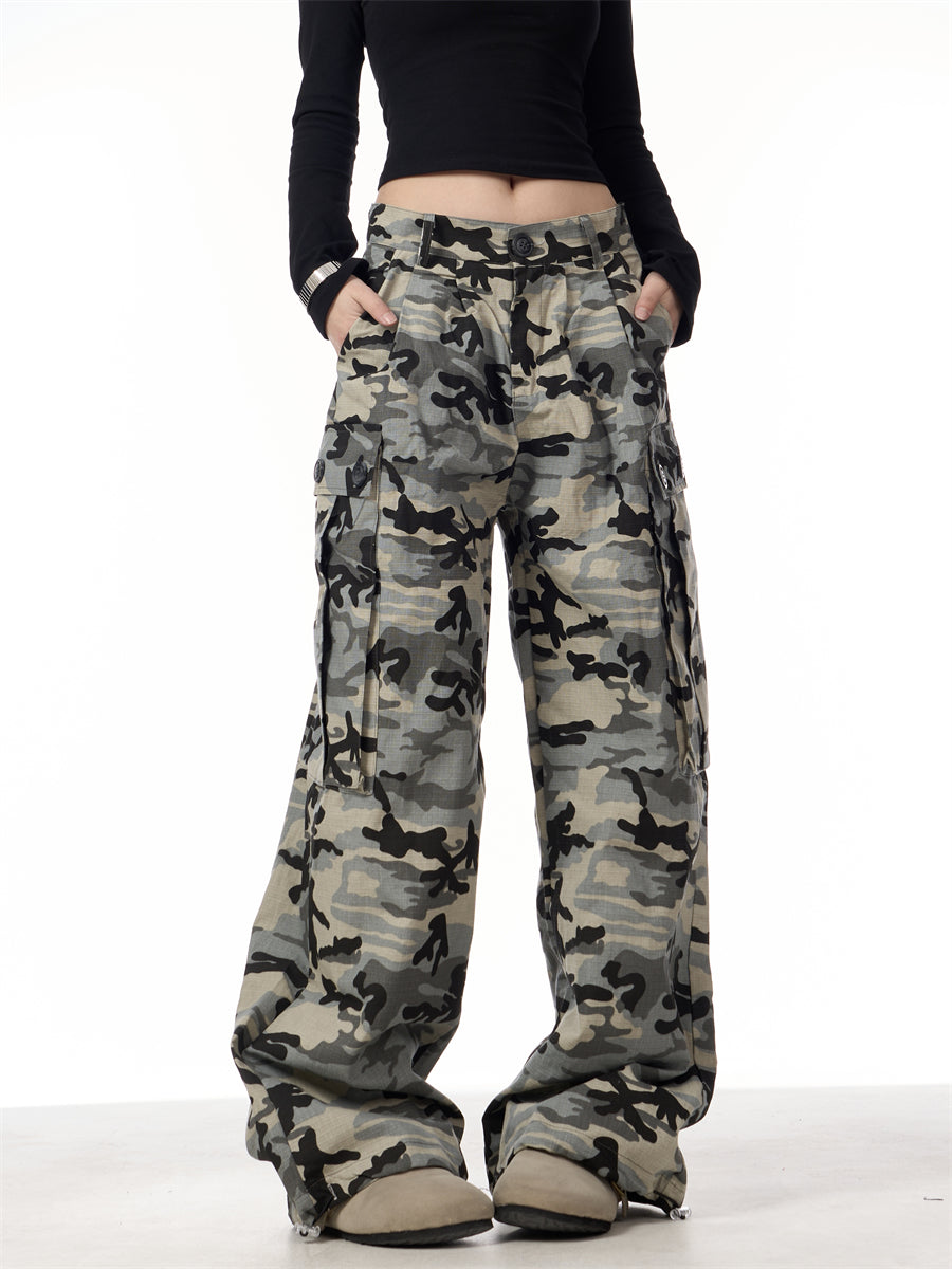 GKIKZ CAMOUFLAGE BIG POCKET LOOSE WIDE-LEG PANTS