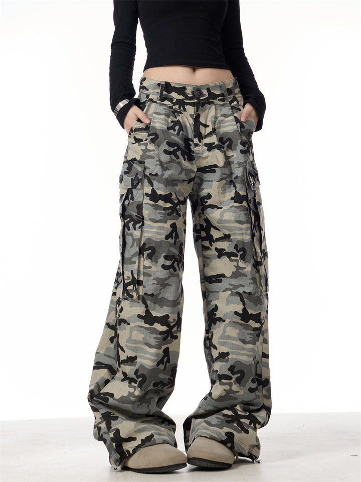 GKIKZ CAMOUFLAGE BIG POCKET LOOSE WIDE-LEG PANTS