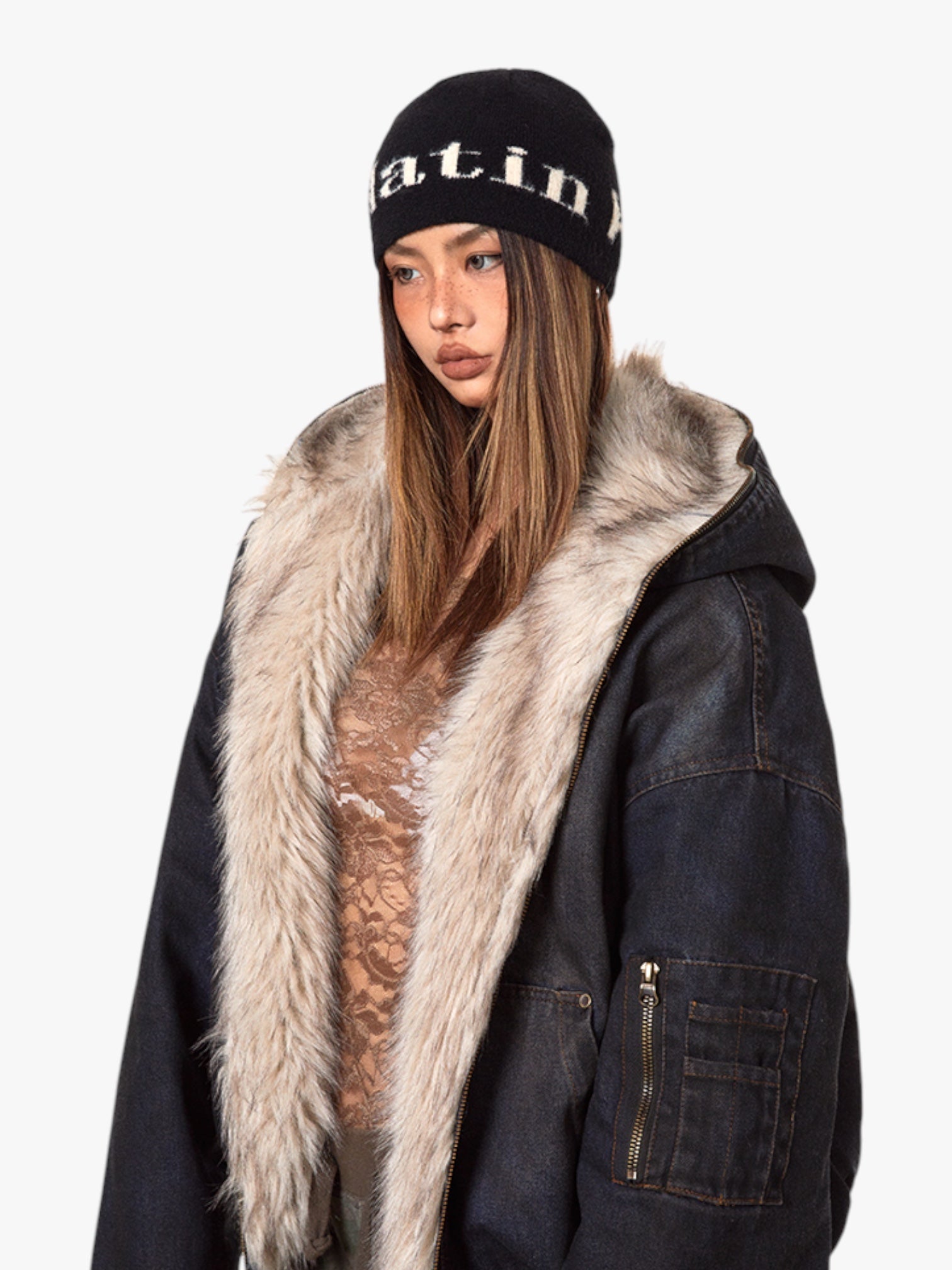 GKIKZ DIRTY DENIM HOODED FUR COLLAR JACKET