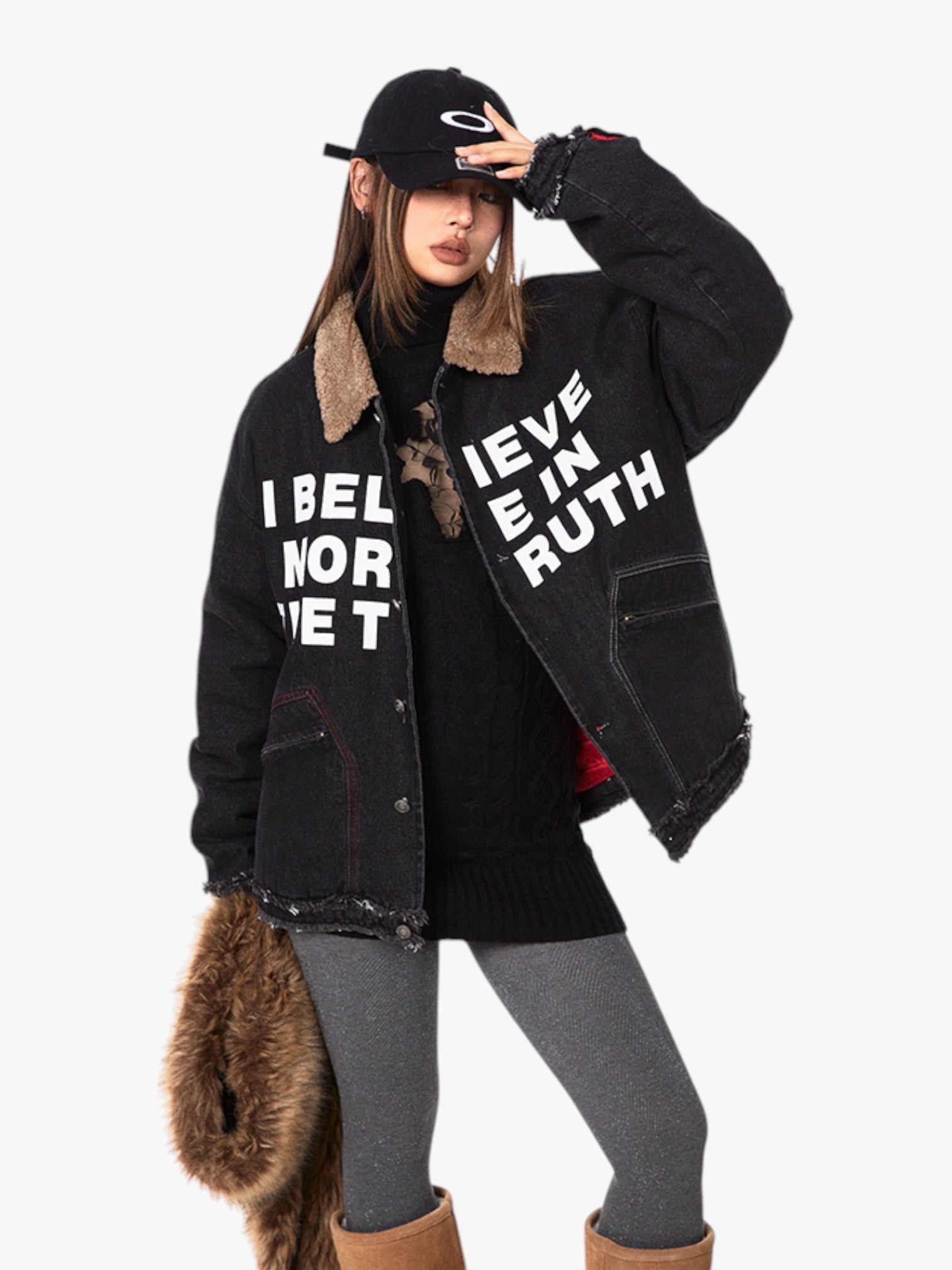 GKIKZ "I BELIEVE MORE IN THE TRUTH" SHERPA COLLAR HEAVY DENIM JACKET