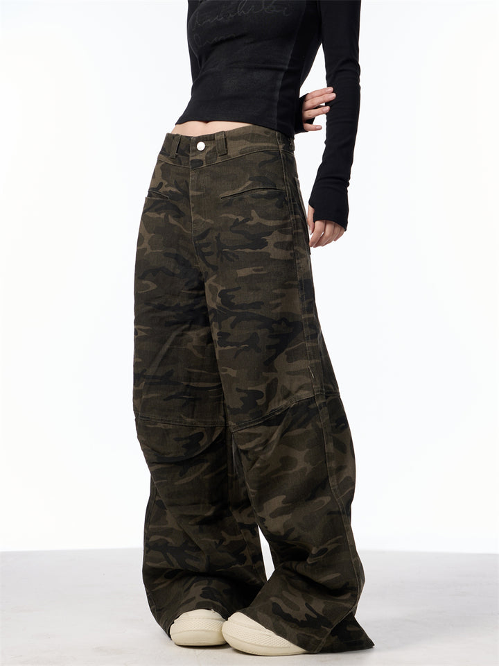 GKIKZ SLICE-POCKET CAMOUFLAGE WIDE-LEG HIGH WAIST PANTS