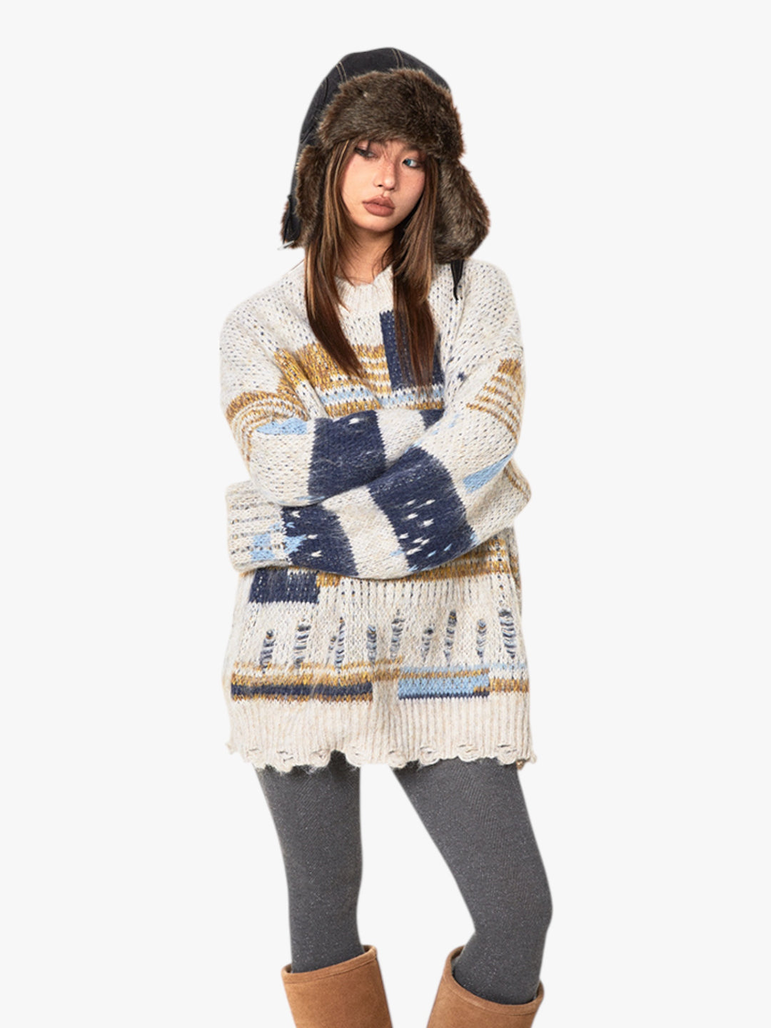 GKIKZ RETRO DISTRESSED CONTRAST OVERSIZED SWEATER