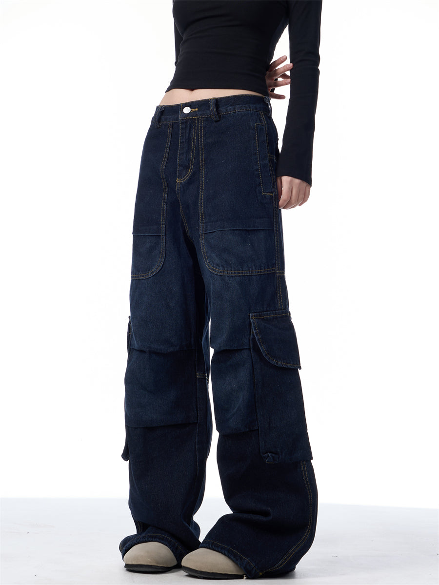 GKIKZ SYMMETRIC PLEATED WORKWEAR MULTI-POCKET BAGGY PANTS