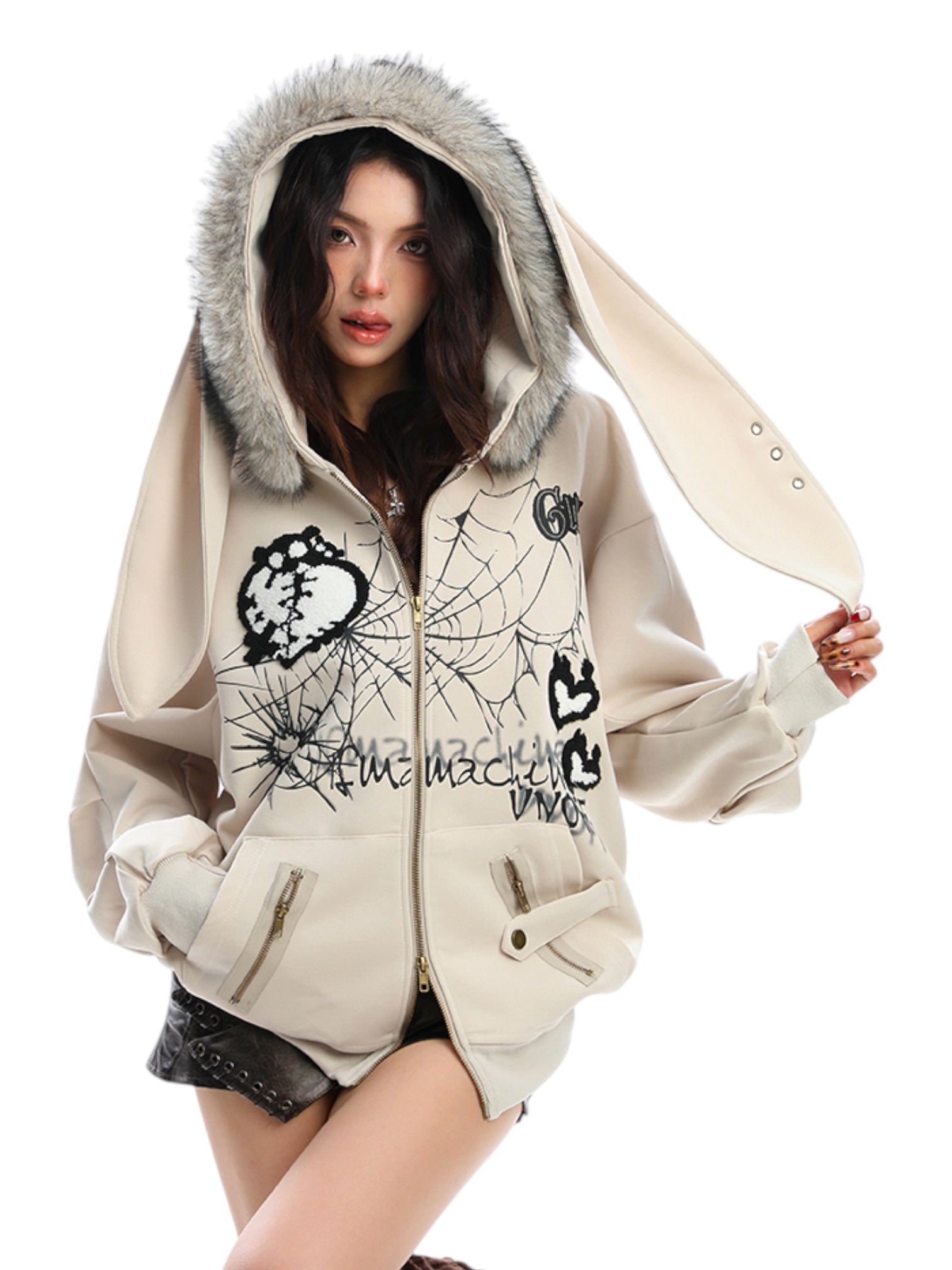 Big-Ears Bunny Fur Zip-Up Hoodie