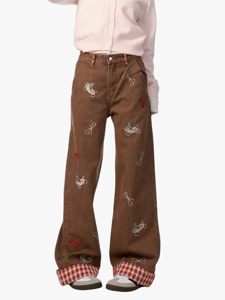 GKIKZ PLAYFUL DACHSHUND BOW WIDE-LEG HIGH WAIST JEANS