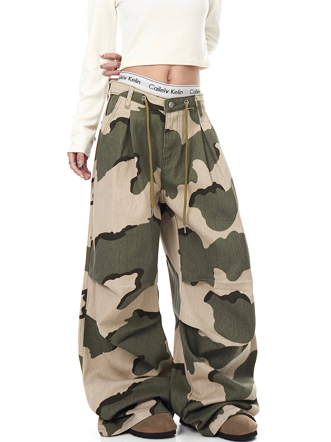 GKIKZ URBAN DRAWSTRING PLEATED CAMO WAVE WIDE-LEG PANTS