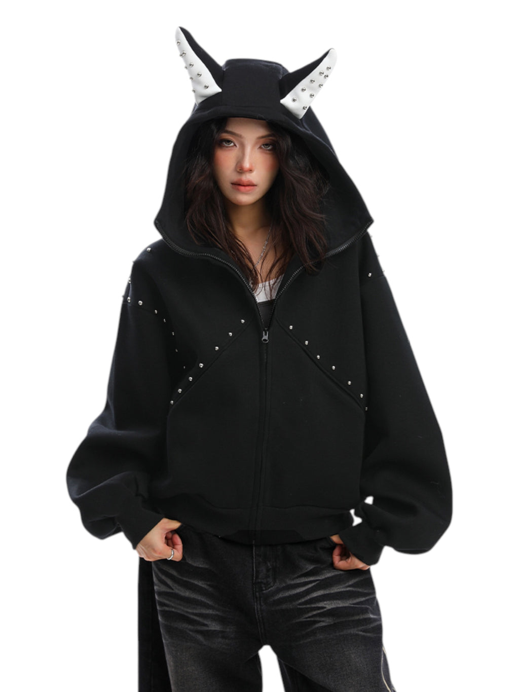 Studded Devil Horn Hoodie - Premium Cotton Zip-Up