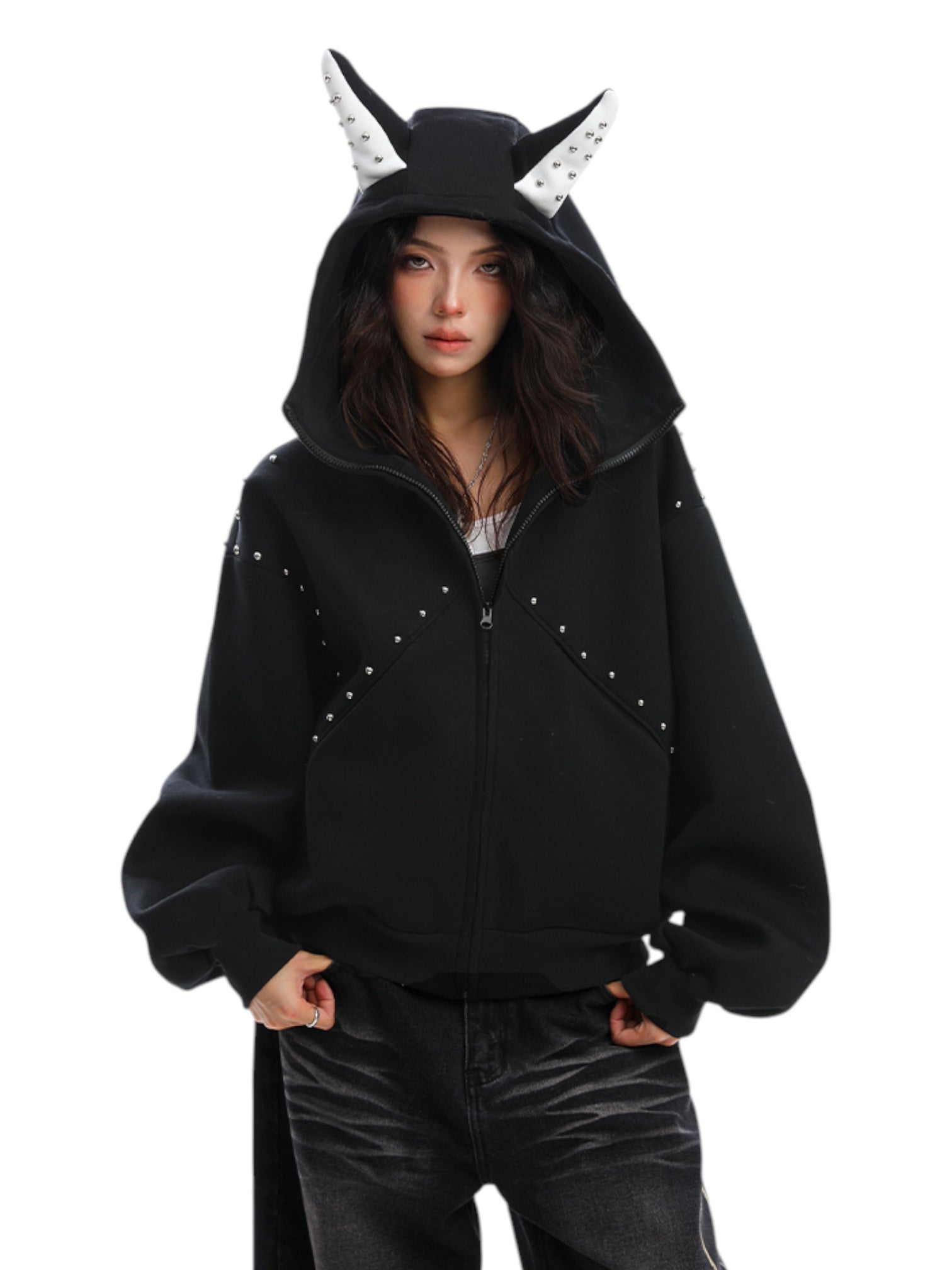 Studded Devil Horn Hoodie - Premium Cotton Zip-Up