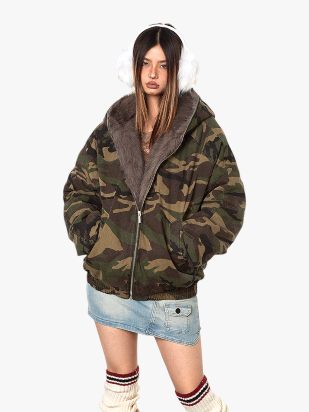 Mountain Carving Thick Cotton Padded Fur Collar Jacket