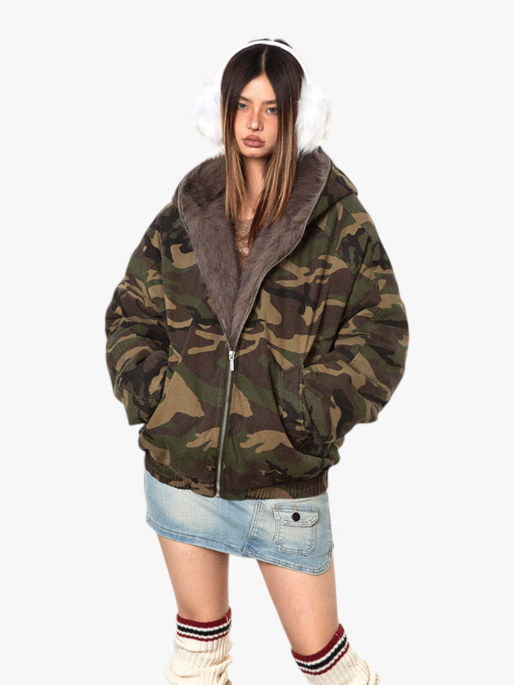 GKIKZ MOUNTAIN CARVING THICK COTTON PADDED FUR COLLAR JACKET