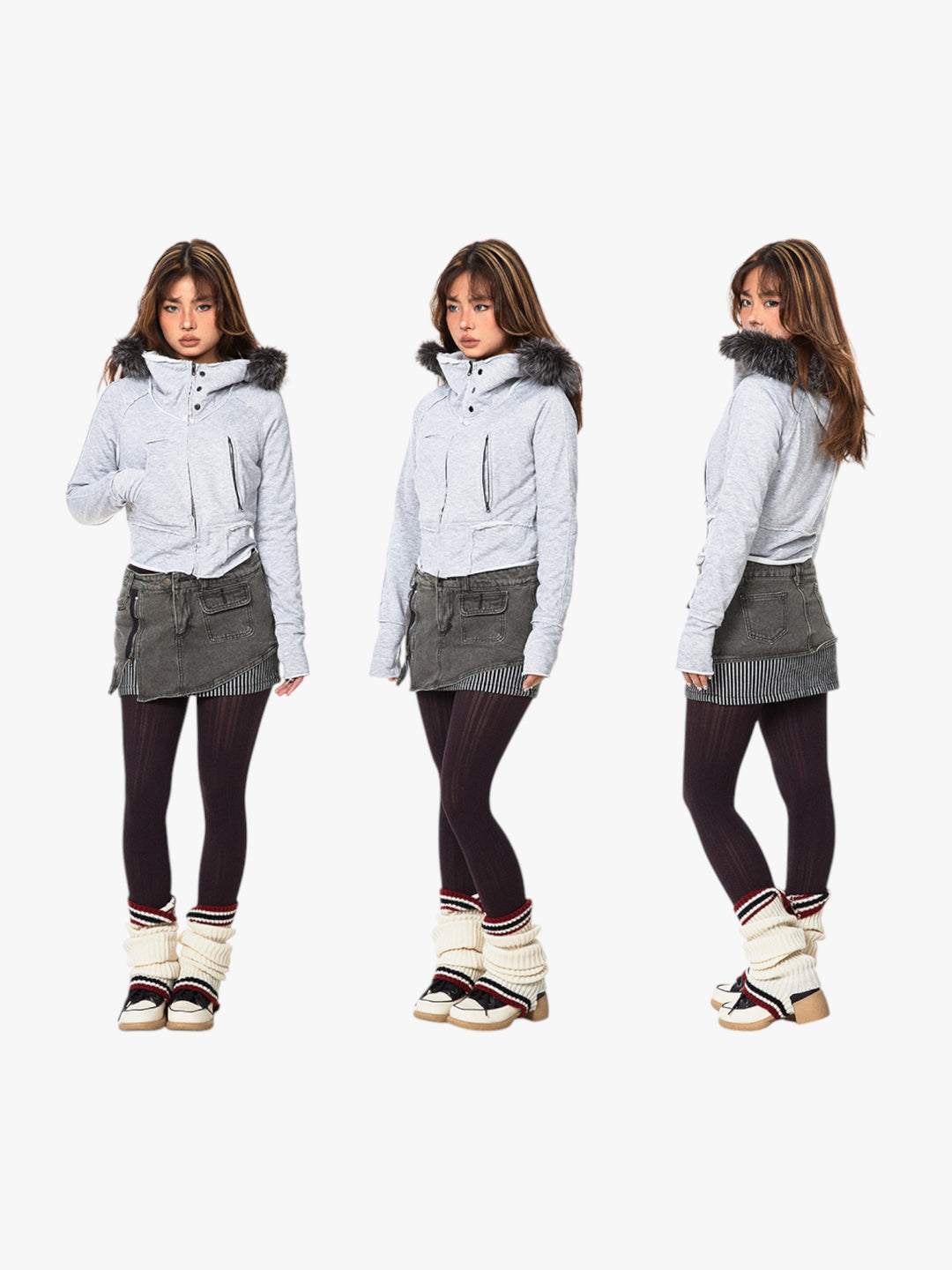 GKIKZ SLIGHT TIGHT FUR COLLAR HOODED CARDIGAN