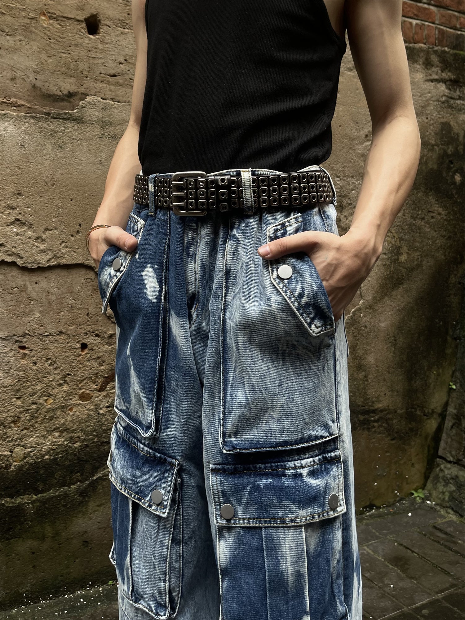 Multi-Pocket Tie-Dye Denim Baggy Jeans