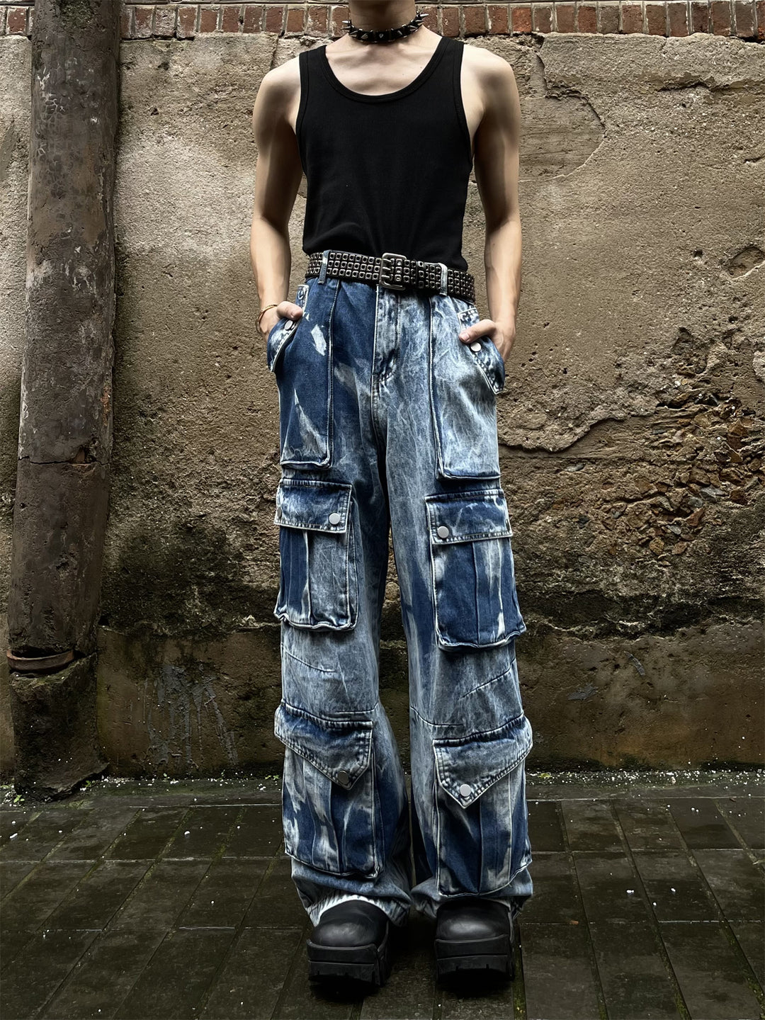 GKIKZ MULTI-POCKET TIE-DYE DENIM BAGGY JEANS