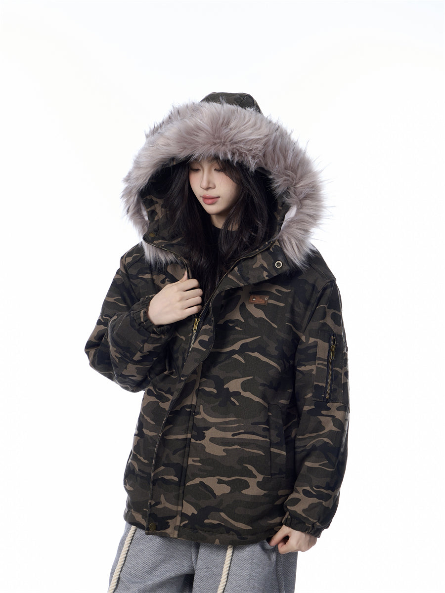 GKIKZ MOUNTAIN CARVING FUR COLLAR JACKET